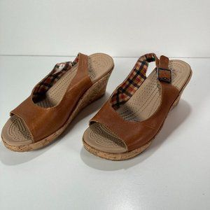 Crocs A-Leigh Leather Slingback Cork Wedge Sandals Size 7 Brown
